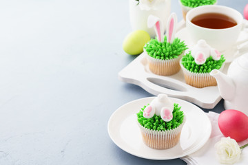 Easter bunny butt and ears cupcakes and tea.