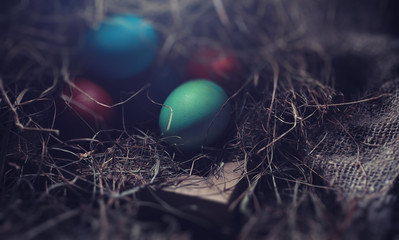 Easter painted eggs on burlap