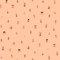 Hand drawn seamless pattern with diverse women. Vector illustration. Flat style design. Concept, element for feminism, womens day card, poster, banner, textile print, wallpaper, packaging background
