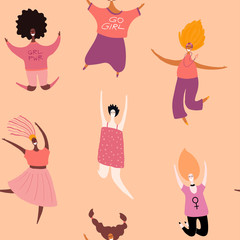 Hand drawn seamless pattern with diverse women. Vector illustration. Flat style design. Concept, element for feminism, womens day card, poster, banner, textile print, wallpaper, packaging background