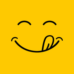 Yummy smile  cartoon line emoticon with tongue lick mouth. Delicious tasty food eating emoji face on yellow vector design background