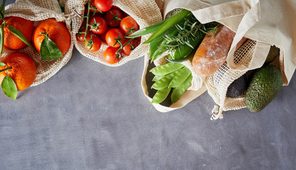 Fabric bags with fresh organic groceries