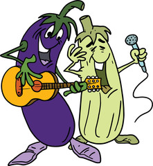 Cartoon eggplant and zucchini playing guitar and singing vector illustration