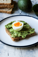 Toast with avocado and egg, bread slice with avocado and egg