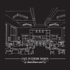 Hand drawn illustration of restaurant interior design made in line style. Cafe interior in realistic style. Template for business card poster and banner.