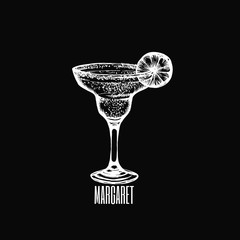 Vector illustration of cocktail margarita. Hand drawn sketch of margarita with slice of lime.Bar menu design. Cocktail party icon.   Template for business card poster and banner