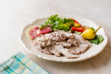 Turkish Offal Food Lamb Brain with Salad / Beyin Sogus served with Plate.