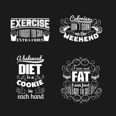 Quote typographical background about food and diet with illustration of hands, ice cream, croissant, cake, french fies and hand drawn elements . Template for business card poster and banner.