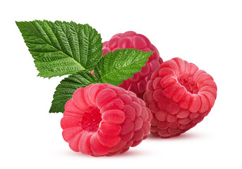 Three ripe raspberries with green leaf