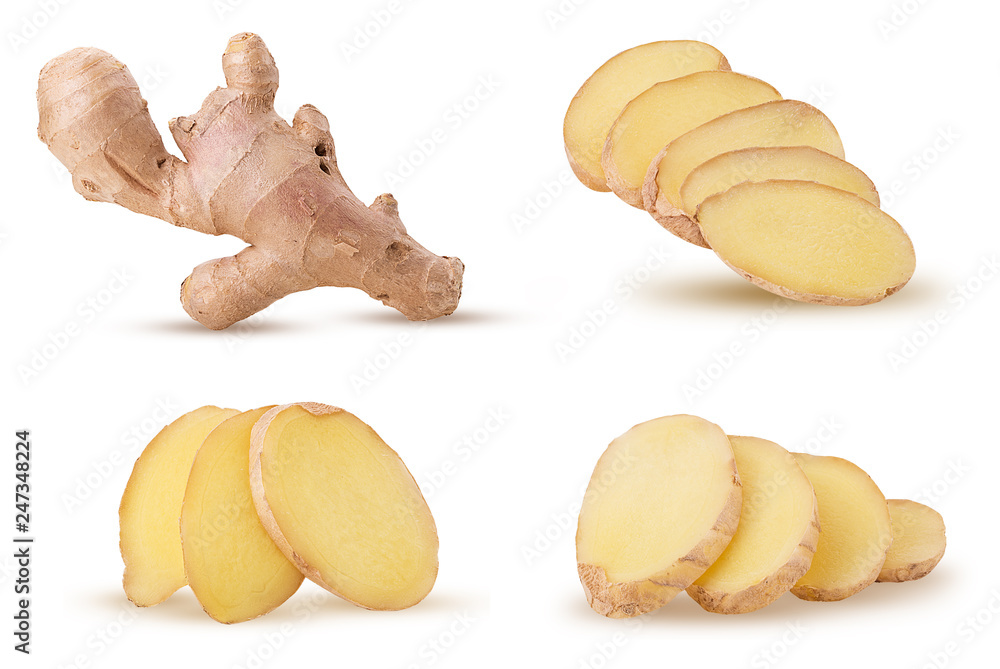 Poster set fresh ginger whole and slice