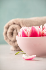 Accessories for spa procedures. Natural ingredients and flowers