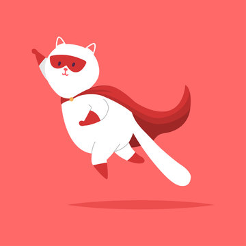Superhero cat flying in a red mask and cape. Vector cartoon cute pet character isolated on background.
