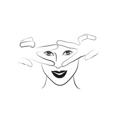 Vector hand drawn illustration of woman in line style. Female portrait with fingers. Young face. Template for business card, banner, poster, t-shirt, sweatshirt, bag, shop, market.