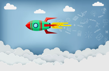space shuttle are flying up into the sky while flying above a cloud. go to business success goal. leadership. icon and symbol. startup. creative idea. illustration cartoon vector
