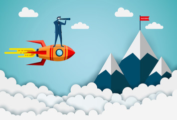 Businessmen standing holding binoculars on a space shuttle go to the red flag target on mountains while flying above a cloud. business finance success. leadership. startup. illustration cartoon vector