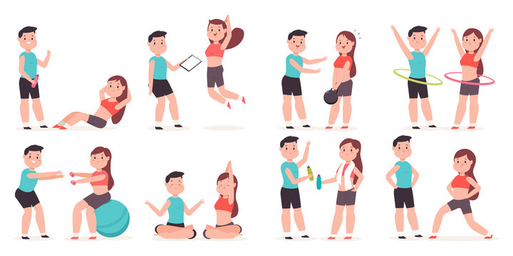 Personal trainer with a young girl doing fitness exercises. Vector cartoon couple man and woman character set isolated on white background. Healthy lifestyle and sport illustration.