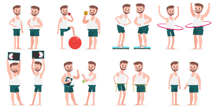 Fat and thin guy with hule hoop, fitness ball, measuring tape, on weight scales. Vector cartoon man character set isolated on a white background. Healthy lifestyles and sport concept illustration.