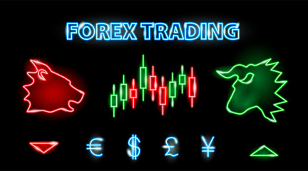 Neon silhouettes of stock market symbols: bear, bull, candllestick chart, currency signs. Forex trading concept. Vector 10 EPS illustration isolated on black background