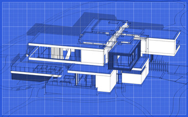 3d rendering sketch of modern cozy house with garage for sale or rent. Graphics black line sketch with white spot on blueprint background