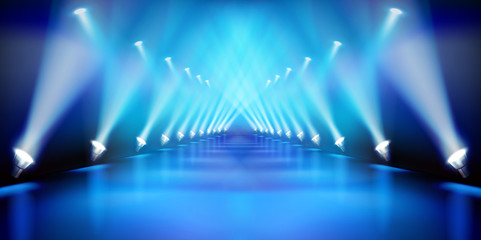 Stage podium during the show. Blue background. Fashion runway. Vector illustration.