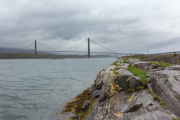 View of the Helgeland bridge on the road when leaving Sandnessjoen