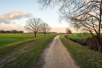 Fototapeta na wymiar Curved sand path in a Dutch polder landscape