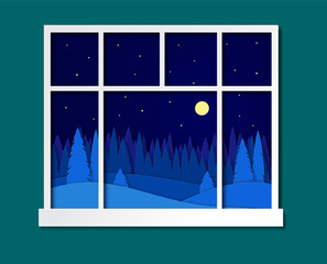 The view from the window of the house, the room on the winter night landscape. Vector