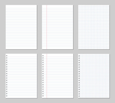 Realistic illustration of a set of paper sheets, square and lined with binder holes, Vector