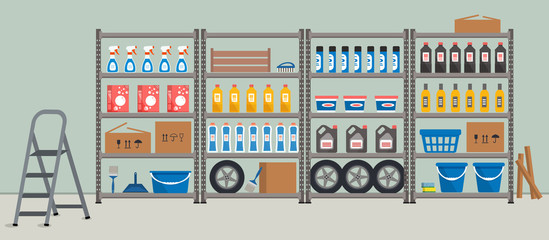 Storeroom. Shelving with household goods. Warehouse racks. There are cardboard boxes, buckets, brushes, bottles, step ladder and other things in the picture. Vector illustration