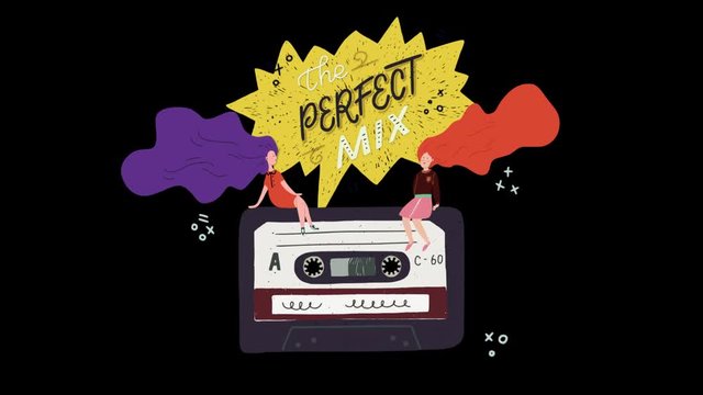 Motion graphic retro cassette spinning with two streaming long hear girls and animated lettering text The perfect mix on a speech bubble. Old school cartoon style video on transparent background
