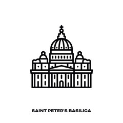 Saint Peters Basilica at Vatican City vector line icon.
