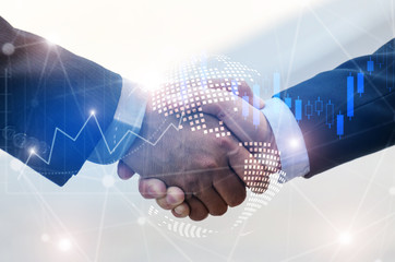 business man handshake with effect chart of stock Forex market and global world map network link connection graphic hologram, digital technology, internet communication, teamwork, partnership concept