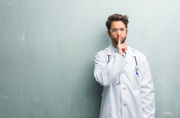 Young friendly doctor man against a grunge wall with a copy space keeping a secret or asking for silence, serious face, obedience concept