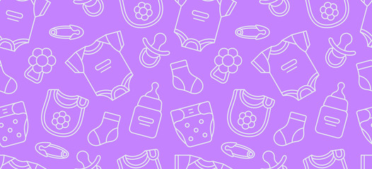 Seamless pattern with Baby clothes. isolated on purple background