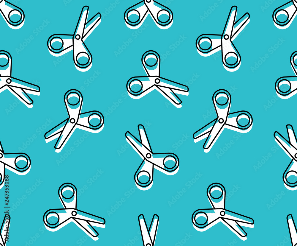 Poster seamless pattern with scissors. isolated on blue background
