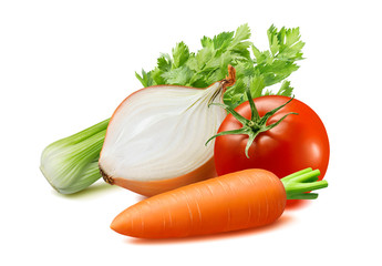 Celery, onion, carrot, tomato isolated on white background
