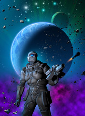 Fototapeta premium Futuristic warrior launching a rocket, in the background a planetary system with stars, nebula and asteroids, 3d illustration