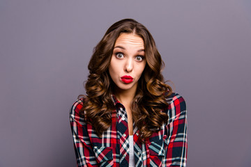 Close up portrait of beautiful she her lady feel guilty incident sharing forbidden information with...