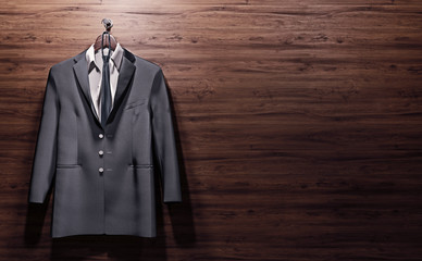 Suit hanging on the wooden wall, concept of a new job opportunity or retirement, 3d  render