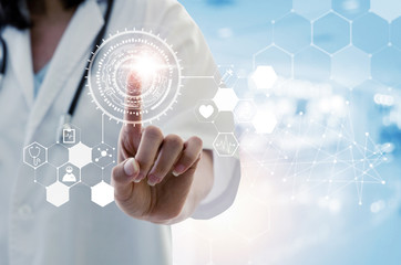 female doctor with stethoscope hand pointing touching world map data digital icon hologram with blurred image of lobby for waiting in hospital background, medical innovation, future technology concept