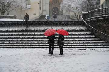 Winterliche Treppe zur Hofkirche, Luzern, Schweiz
