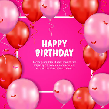 birthday greeting card banner poster with 3D flying helium balloon on the pink background