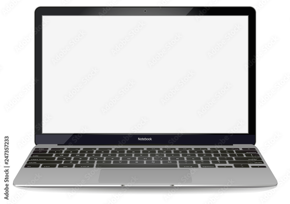 Poster mockup with blank screen - front view.Open laptop with blank screen isolated on transparent background