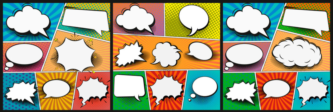 Colorful comic book background.Blank white speech bubbles of different shapes. Rays, radial, halftone, dotted effects. Vector illustration in pop art style