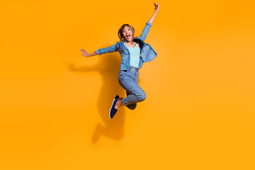 Full length body size photo jumping flight high amazing beautiful she her lady hands arms legs in...