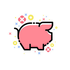Cute pink pig and decorative elements isolated on white background. Editable stroke