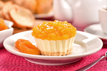Apricot individual cheesecake on decorated scene