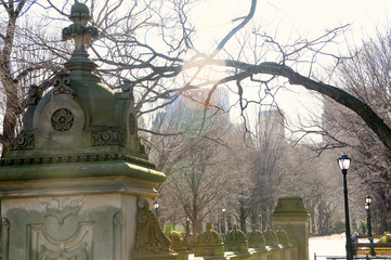 Fototapeta premium The ornately carved and decorated piers, balustrades and ramps leads people from the city proper to the inner sanctum of Central Park's grand Bethesda Terrace.