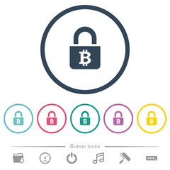 Locked Bitcoins flat color icons in round outlines