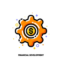 Icon of gear with golden dollar coin for fintech or financial development concept. Flat filled outline style. Pixel perfect 64x64. Editable stroke